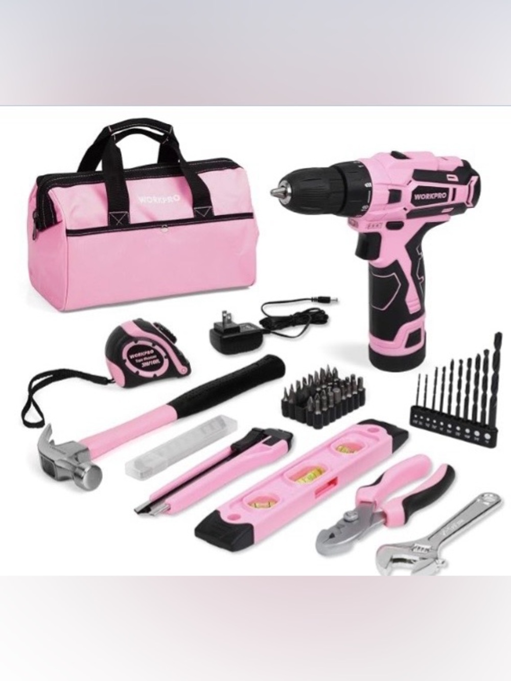 WORKPRO 61-Piece Pink 12V Cordless Drill Driver & Home Tool Set with Storage Bag